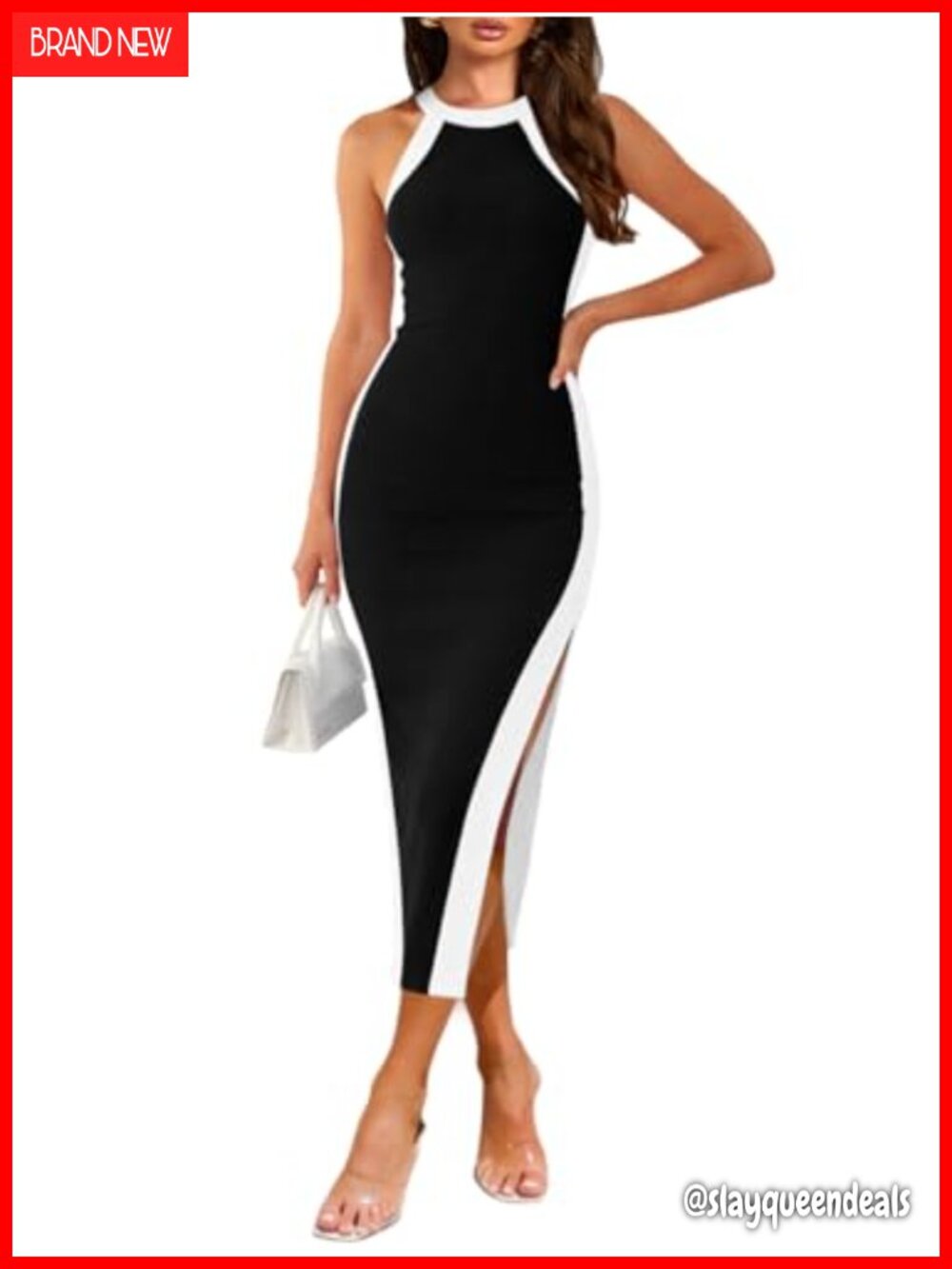 Halter Midi Dress Ribbed Knit Bodycon Side Slit Sleeveless